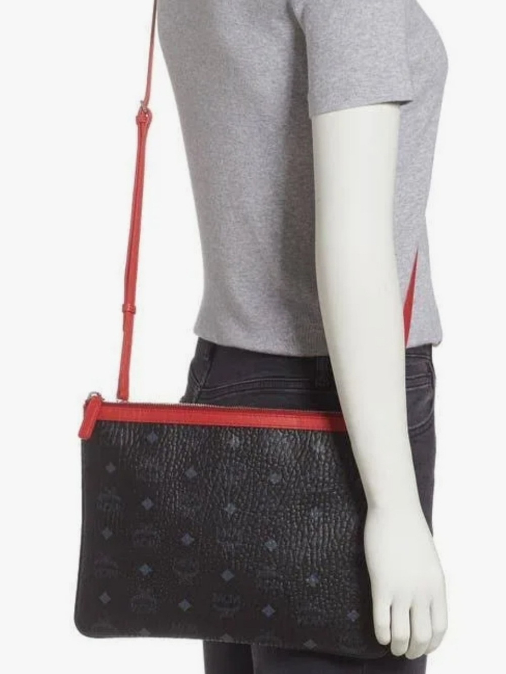 Black Textured Leather Pouch with Red Trim